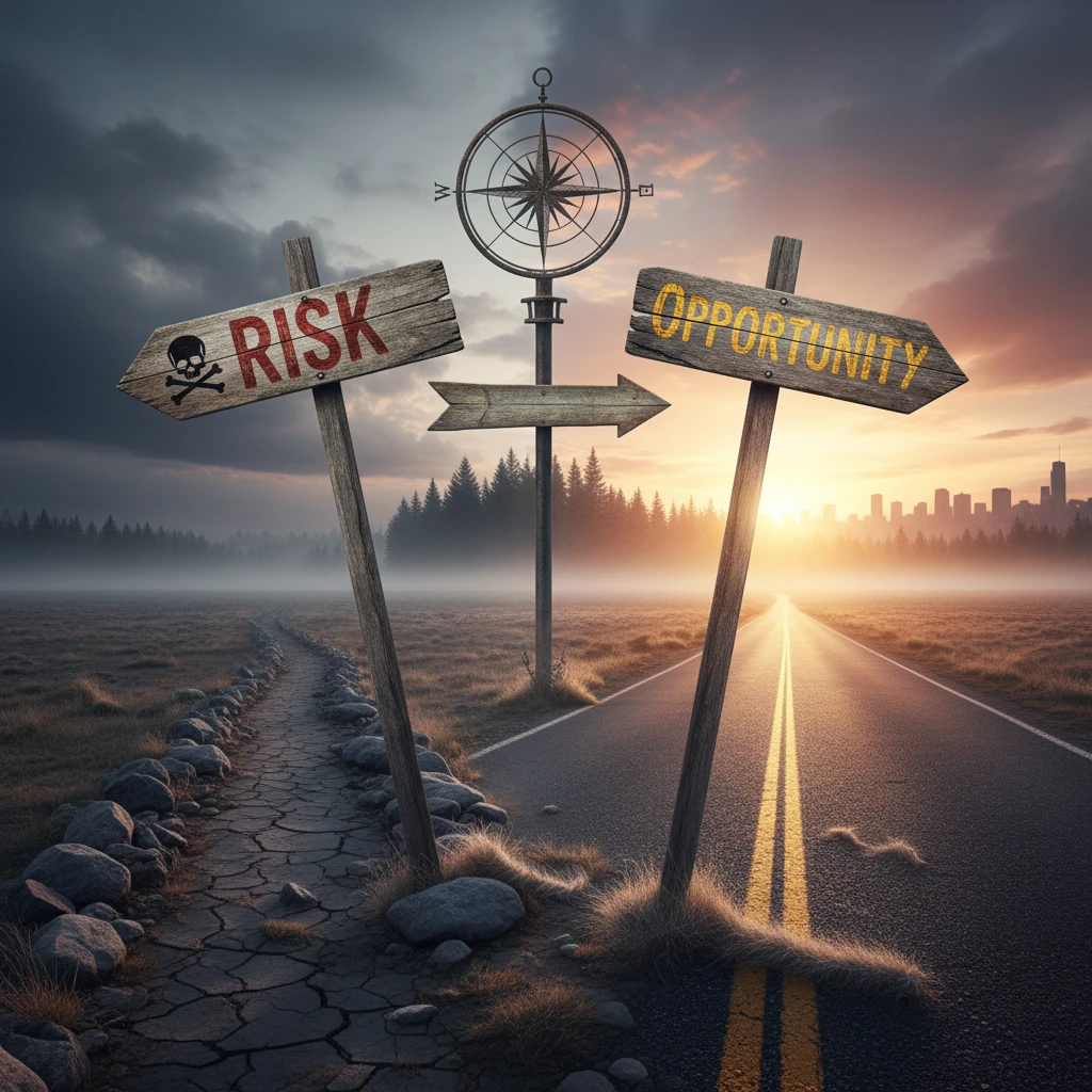 Ảnh ngã tư với biển chỉ đường 'Rủi ro' và 'Cơ hội'
