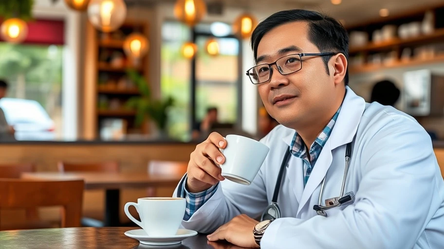 Bác sĩ đang thư giãn với cà phê tại quán.