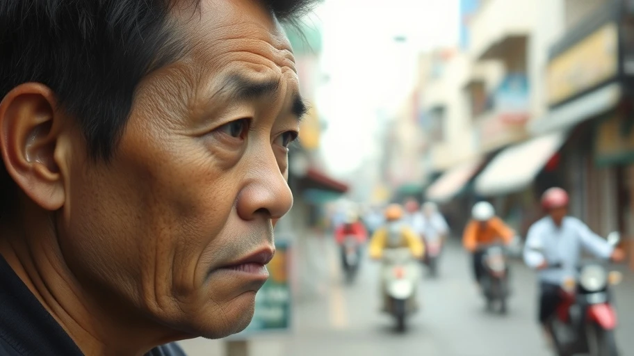 Biểu cảm suy tư trên đường phố Việt Nam.