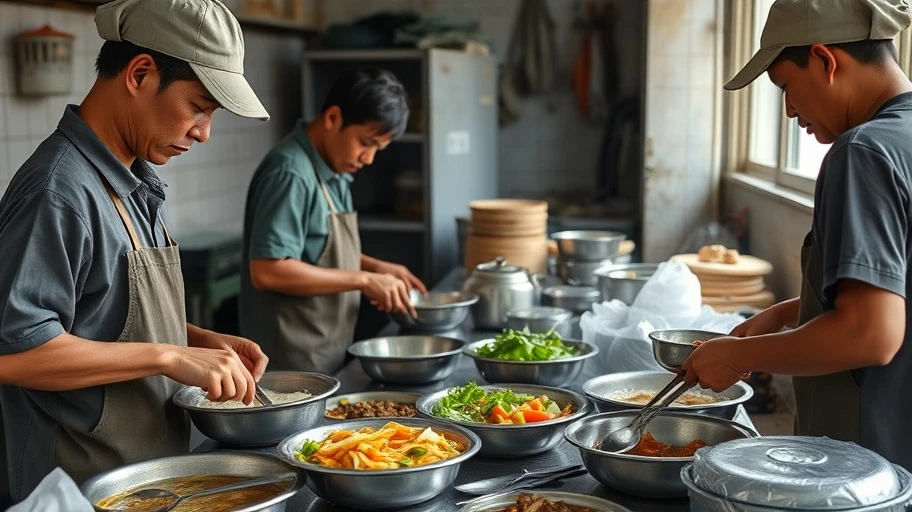 Bữa ăn công nhân với thức ăn đơn giản nhưng đủ chất