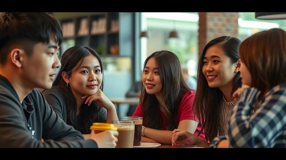 Các bạn trẻ Việt Nam tại quán cà phê trao đổi về tâm lý xã hội và hệ tư tưởng.