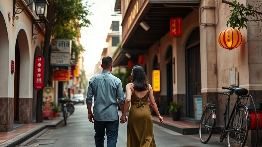 Cặp đôi nắm tay nhau đi trên phố