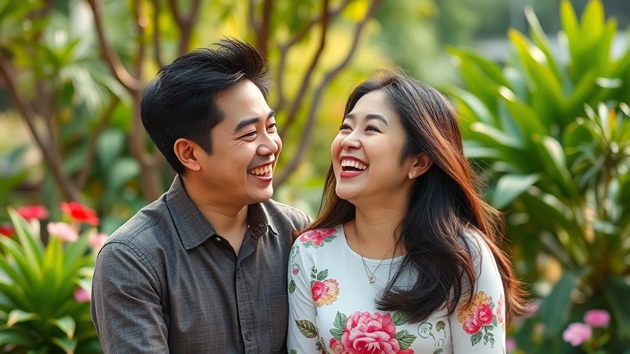 Cặp đôi Việt đang cười trong một khu vườn, biểu tượng cho hạnh phúc gia đình.