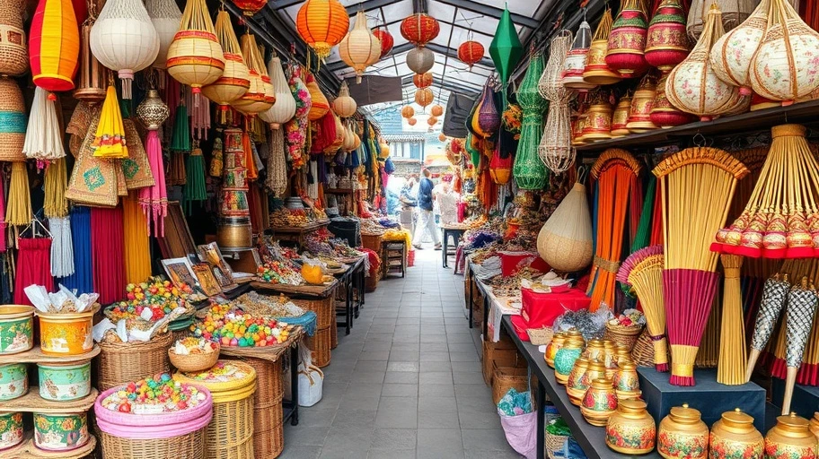 Chợ Việt Nam bán đồ văn hóa truyền thống đầy màu sắc