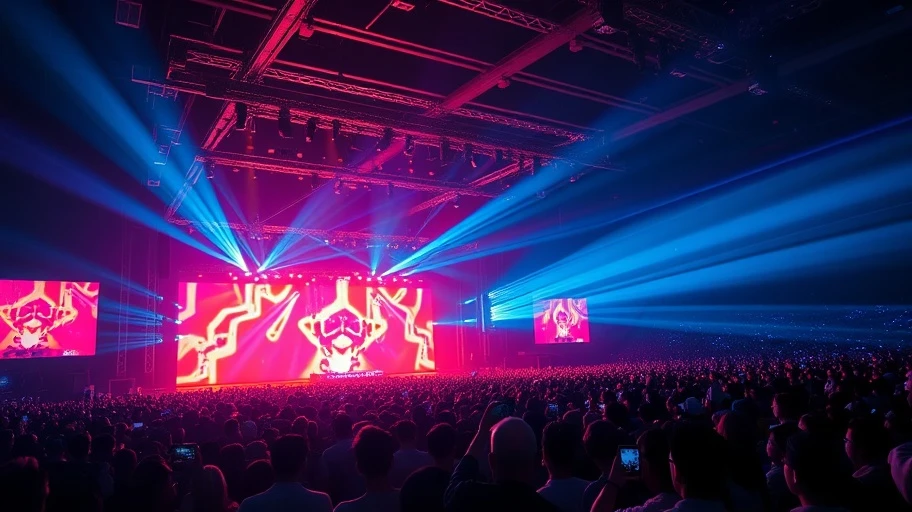 Concert K-pop sôi động với đèn và khán giả.