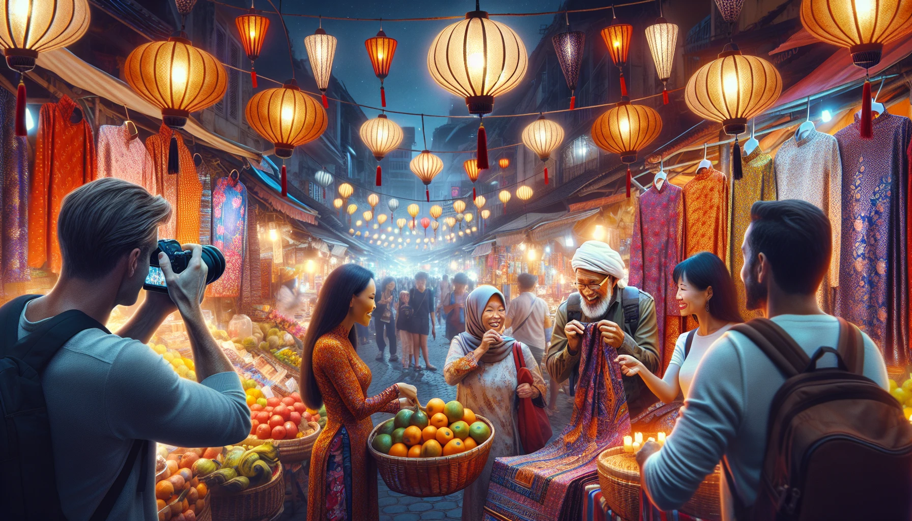 Du khách nước ngoài tại chợ đêm Việt Nam