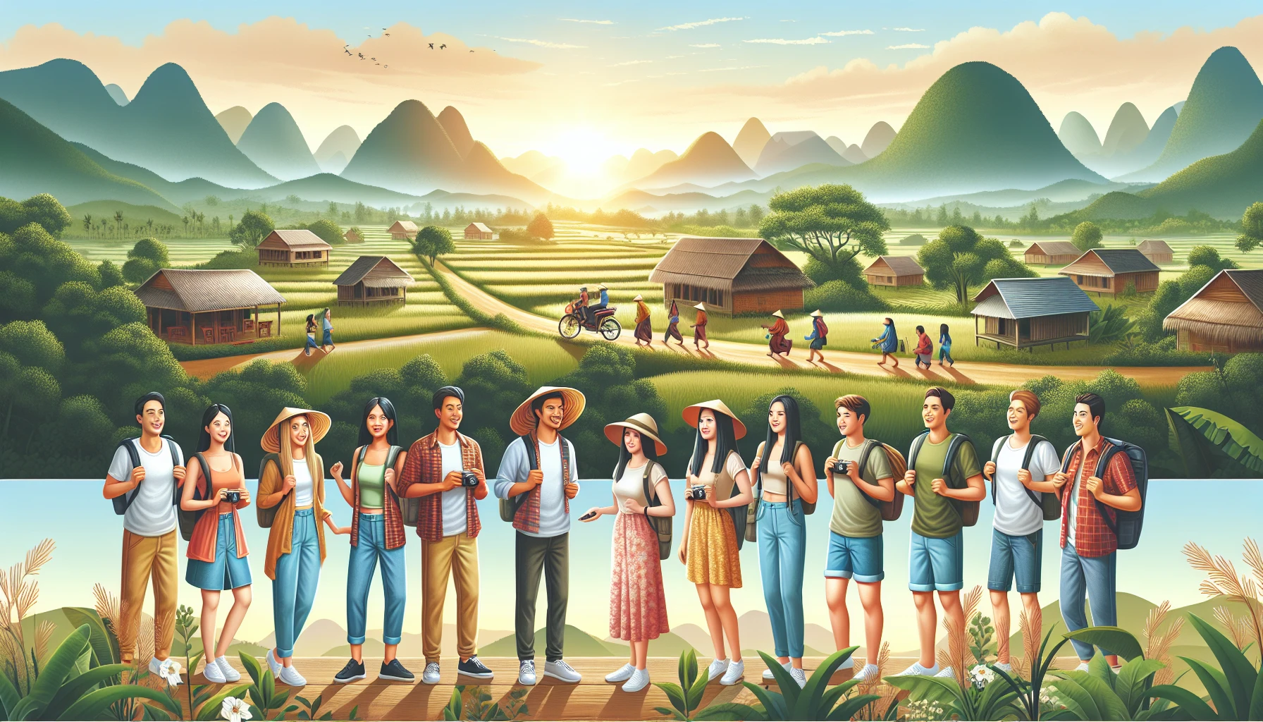 Du khách thư giãn trong khung cảnh nông thôn Việt Nam