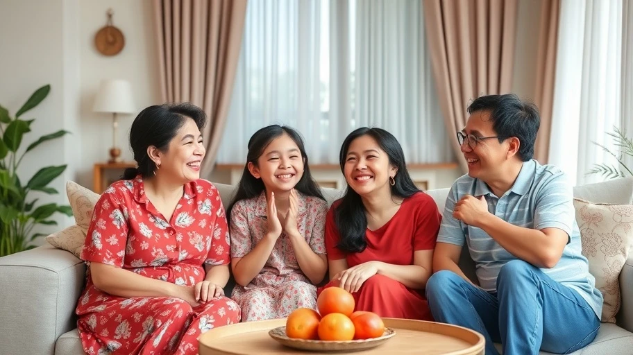 Gia đình Việt Nam đang vui vẻ trò chuyện trong phòng khách.