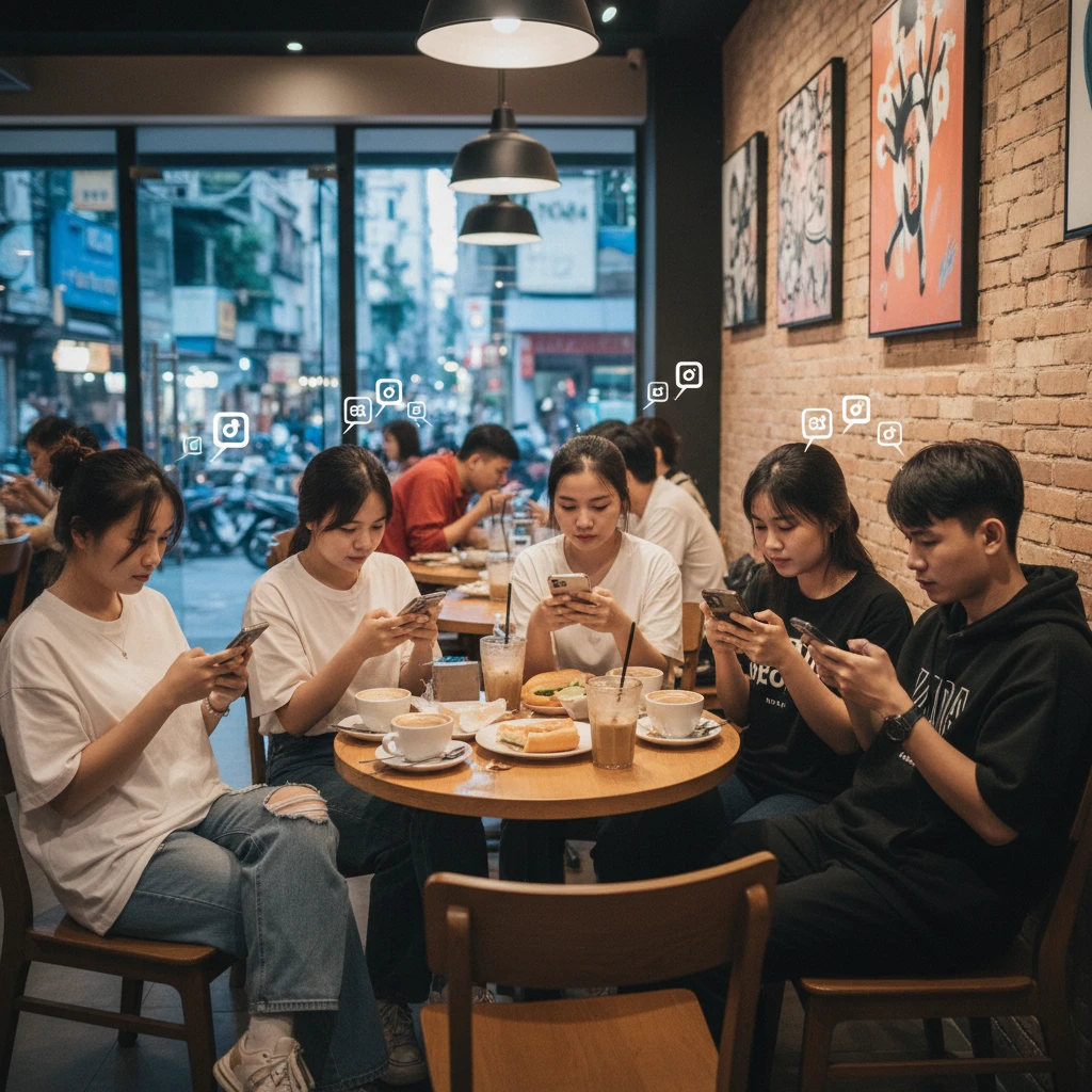 Giới trẻ Việt Nam sử dụng điện thoại thông minh tại quán cà phê để vào mạng xã hội.