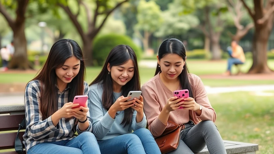 Giới trẻ Việt Nam tham gia mạng xã hội ở công viên.