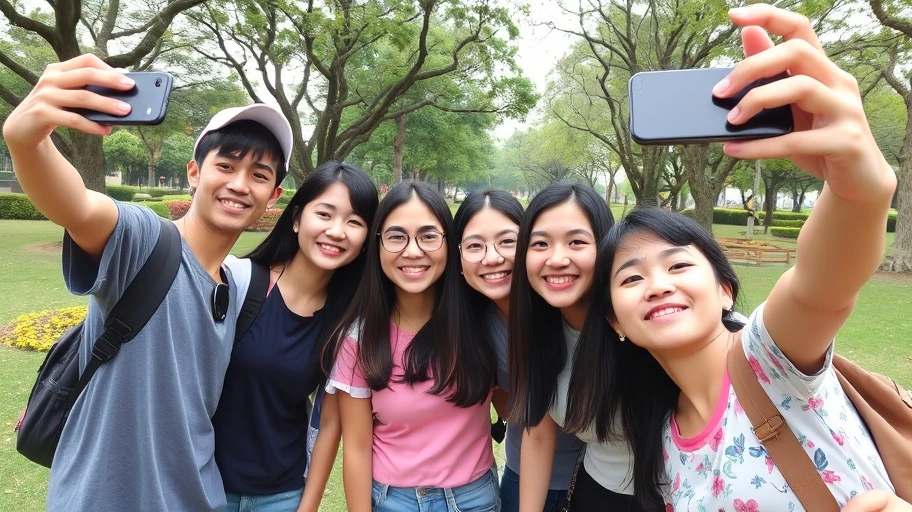 Hình ảnh bạn bè trẻ chụp ảnh selfie