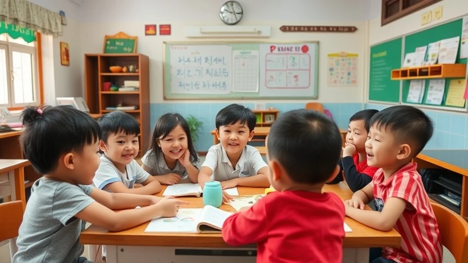 Hình ảnh lớp học với trẻ em tham gia học tập hợp tác.