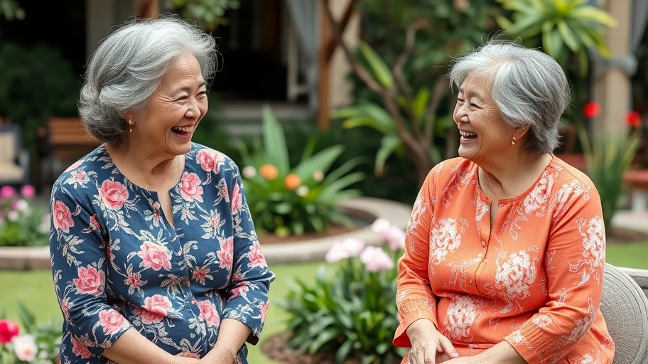 Hình ảnh mẹ chồng và nàng dâu người Việt trò chuyện hòa thuận trong vườn.