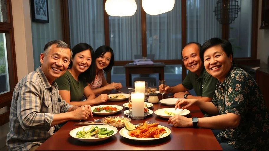 Hình ảnh một gia đình Việt Nam cùng nhau ăn tối, tạo bầu không khí vui vẻ.