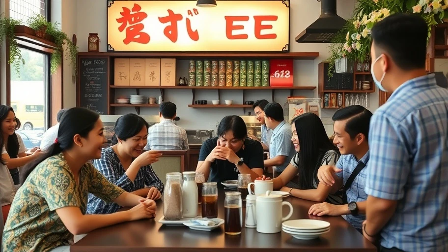 Hình ảnh một quán cà phê Việt Nam đông đúc, mọi người tương tác vui vẻ.