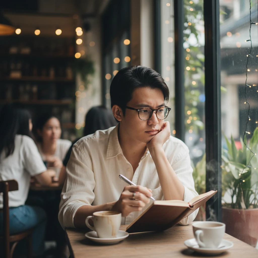 Hình ảnh người Việt trẻ suy tư trong quán cà phê