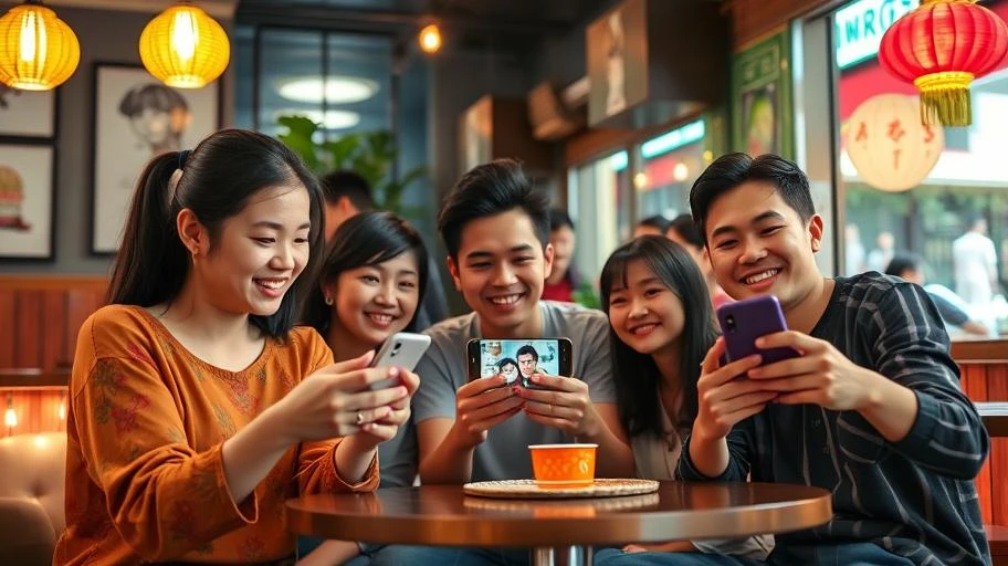 Hình ảnh nhóm bạn cười đùa xem video giải trí trên điện thoại