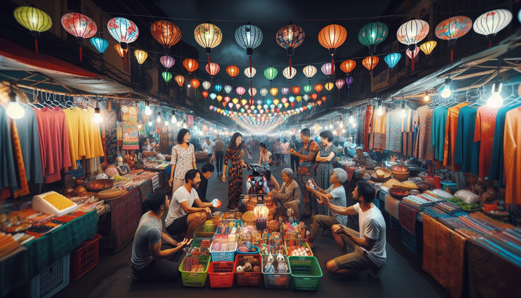 Người bán hàng và du khách trò chuyện tại chợ đêm