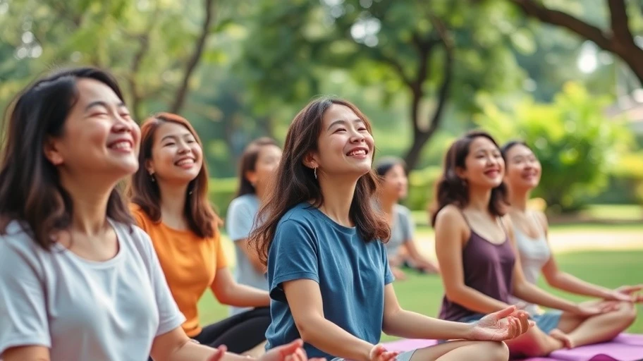 Người cười trong buổi thiền định tại công viên Việt Nam.