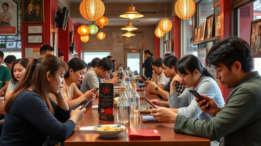 Người dân Việt Nam trong quán cà phê sử dụng mạng xã hội