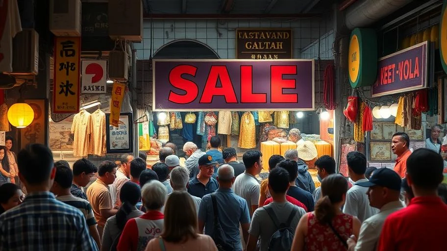 Người mua sắm tại quầy hàng giảm giá ở chợ Việt Nam.