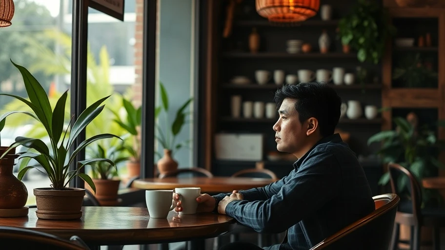 Người ngồi suy ngẫm trong quán cà phê