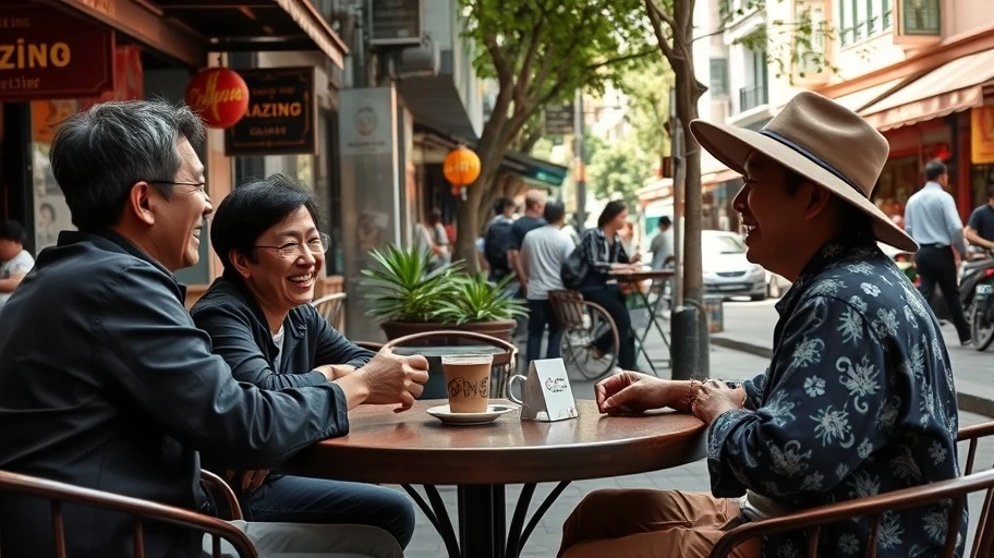 Người tại quán cà phê Việt Nam thảo luận và cười đùa