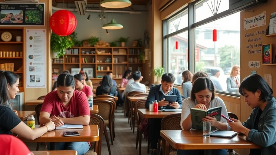 Người trẻ đọc sách điện tử trong quán cà phê Việt Nam