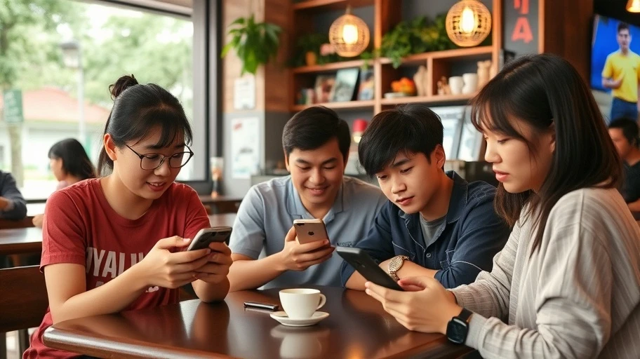 Người trẻ sử dụng mạng xã hội trên điện thoại ở quán cà phê.