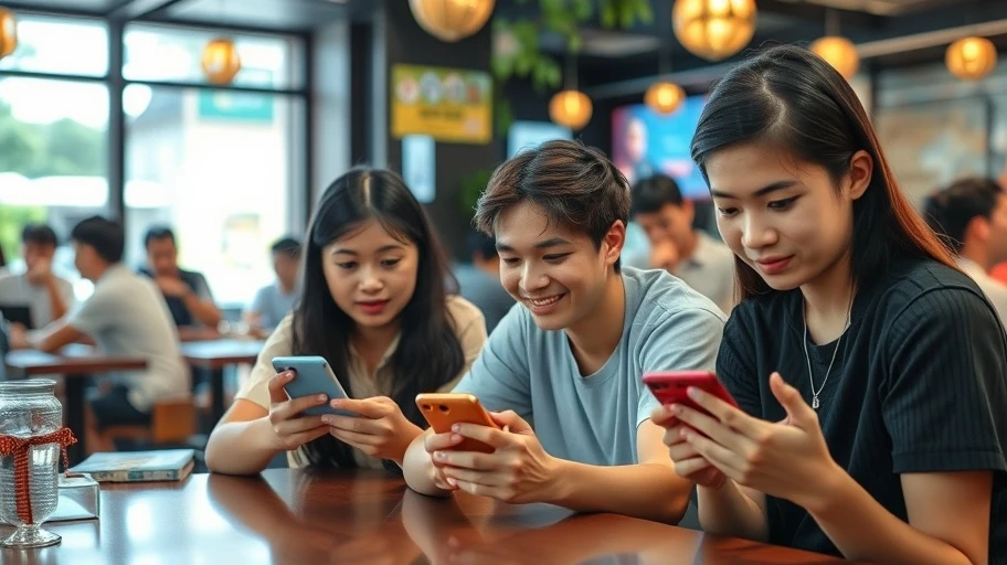 Người trẻ sử dụng mạng xã hội trên điện thoại tại quán cà phê