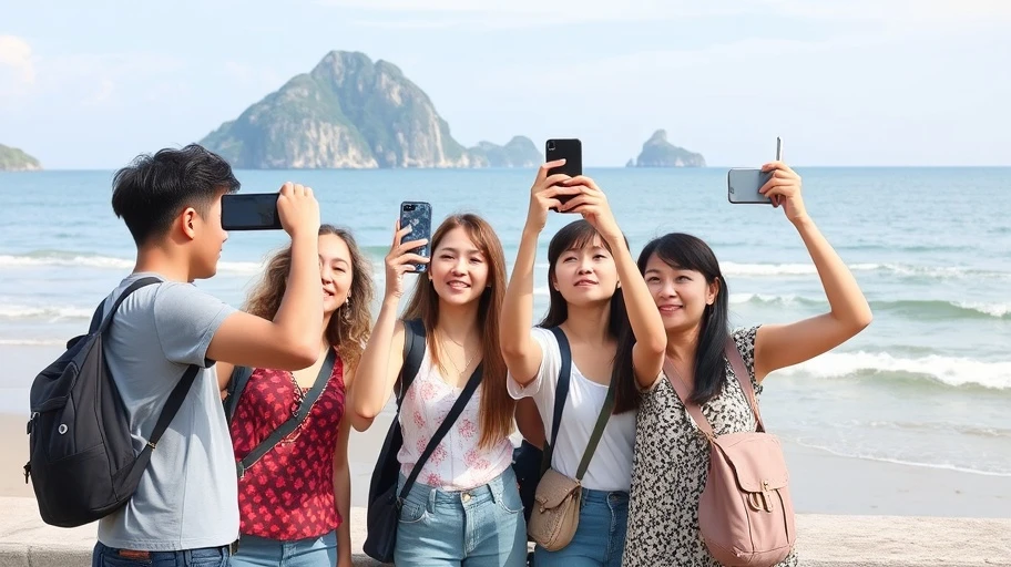 Người trẻ thích thú chụp hình bên bờ biển tại Việt Nam.