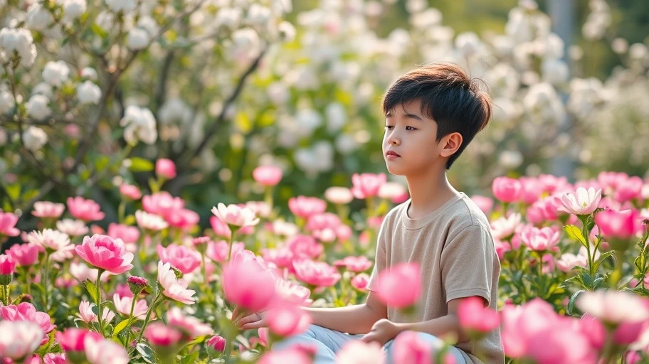 Người trẻ thiền định giữa vườn hoa nở.