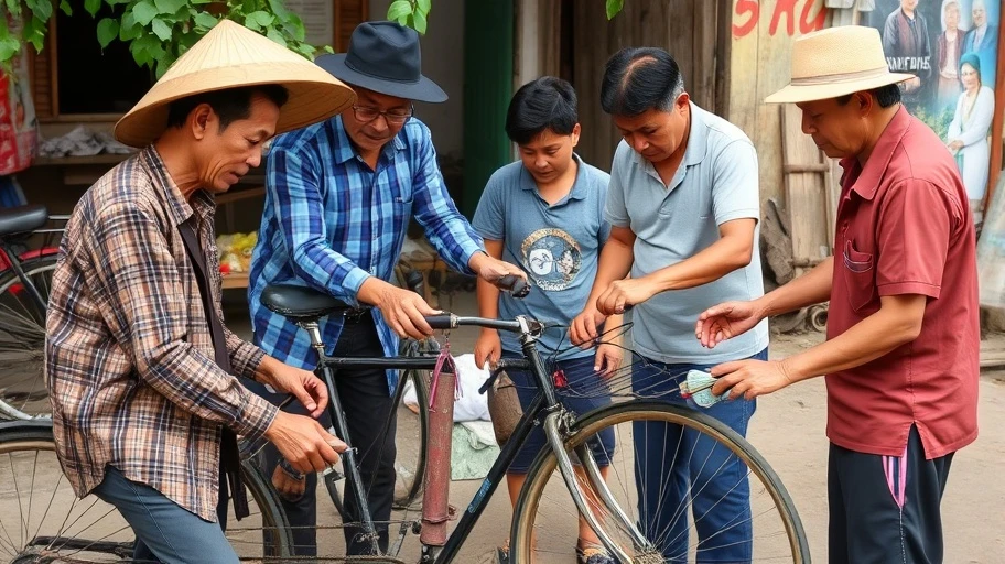Người Việt Nam cùng nhau sửa xe đạp