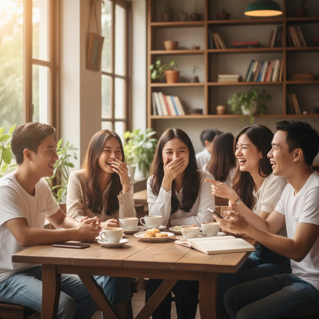 Nhóm bạn trẻ trò chuyện thân mật ở quán cà phê