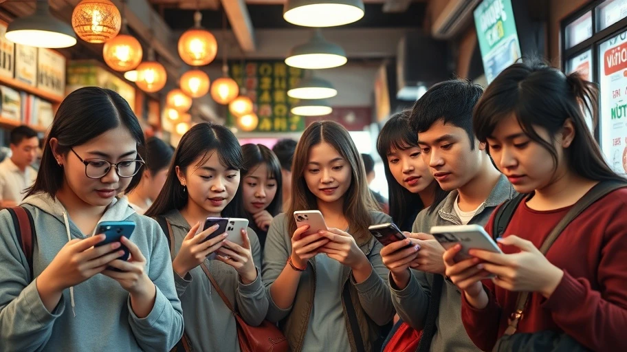 Nhóm người trẻ với điện thoại trong quán cà phê, thể hiện tâm lý bầy đàn.