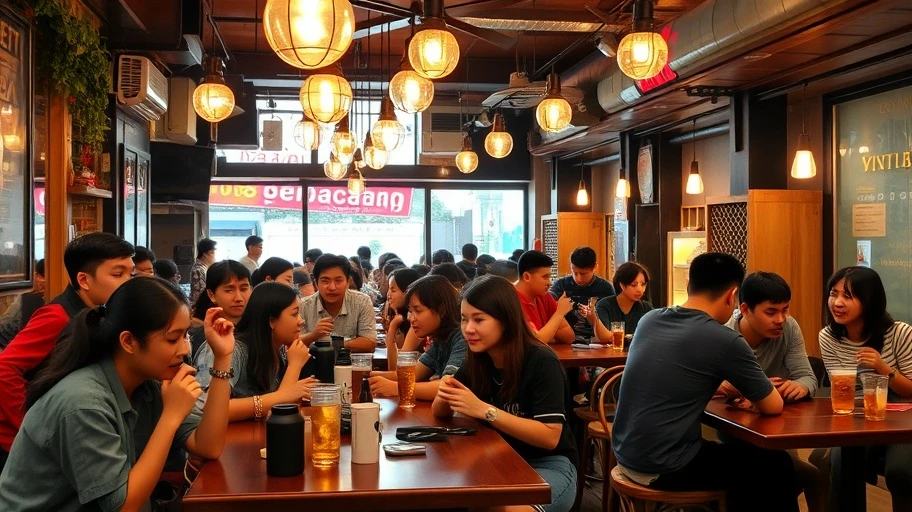 Quán cà phê sôi động tại Việt Nam, nơi giới trẻ tụ tập.
