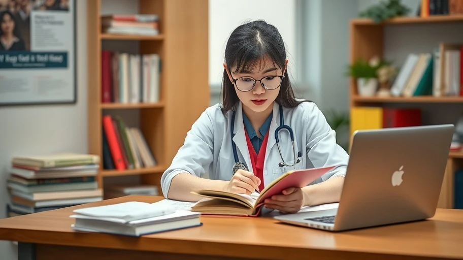 Sinh viên y khoa đang học tập với sách vở.