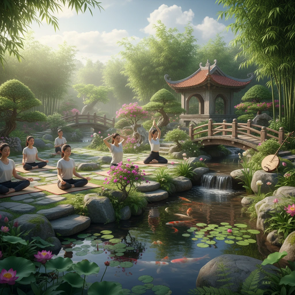 Thiền và yoga trong vườn xanh mát