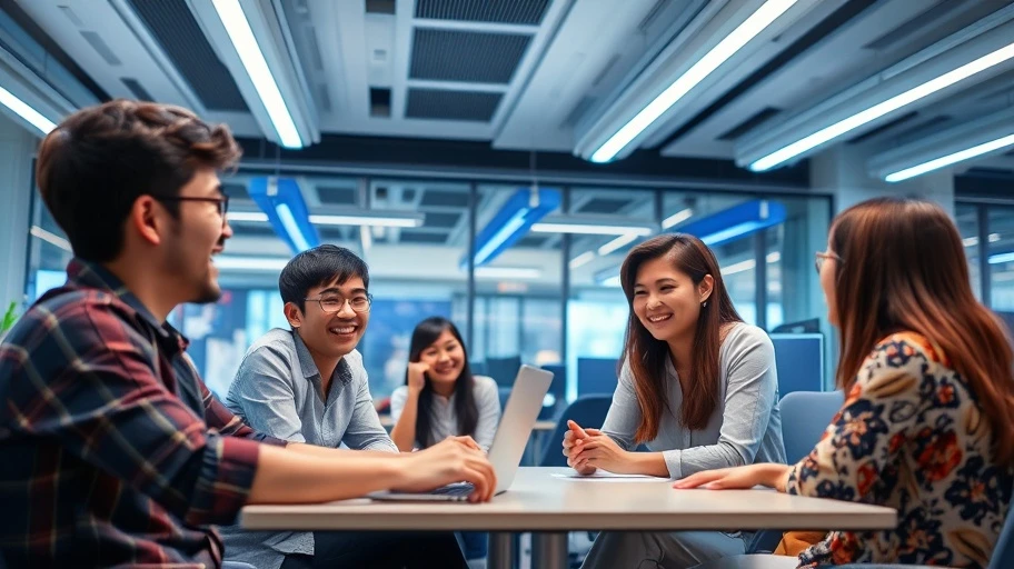 Văn phòng hiện đại với nhóm người trẻ thảo luận