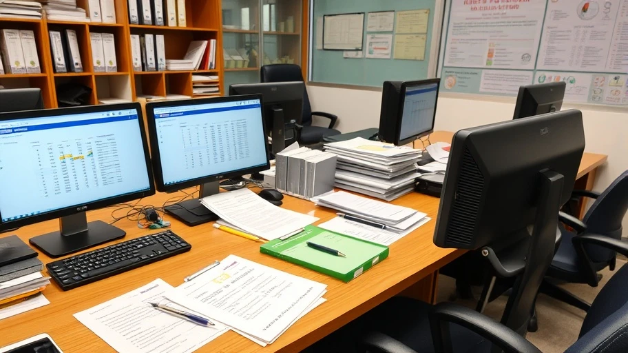 Văn phòng với báo cáo tài chính song ngữ trên bàn.